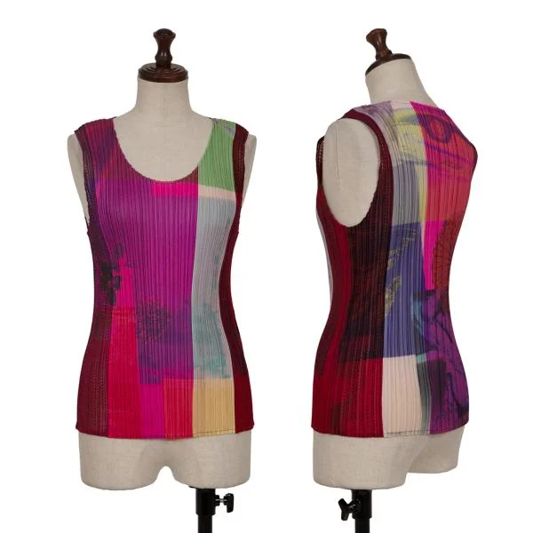 PLEATS PLEASE Multicolor Printed Mesh Pleated Tank Top Multi-Color 3 K-144859_001
