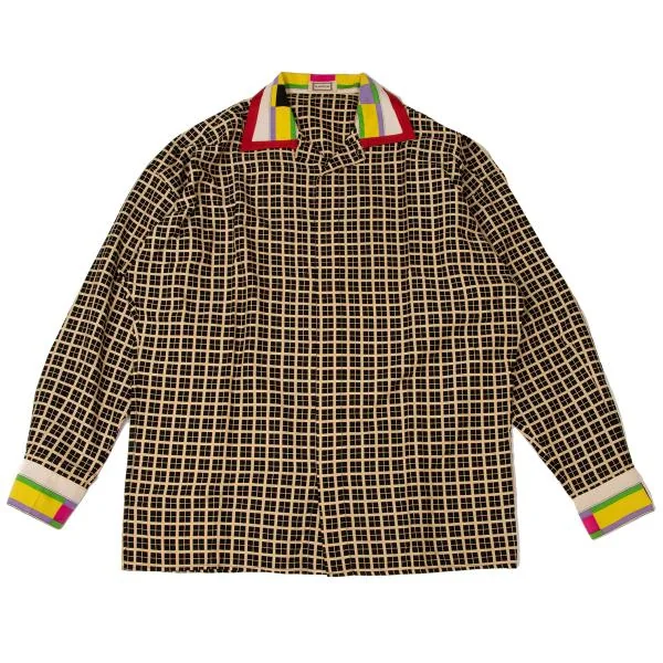 ジャンニヴェルサーチGIANNI VERSACE カラフルカラー切替格子柄シャツ ベージュ黒46S K-145013_001