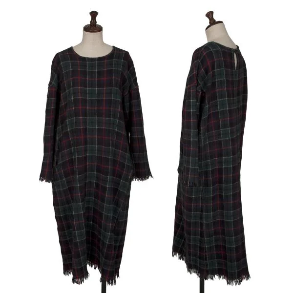 45rpm 45R Wool Fringe Design Check Knit Dress Navy,Green 0 K-145064_001
