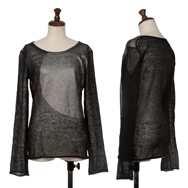 Y's red Label Linen Shiny Bicolor Mesh Knit Top Black 2 K-145164_001