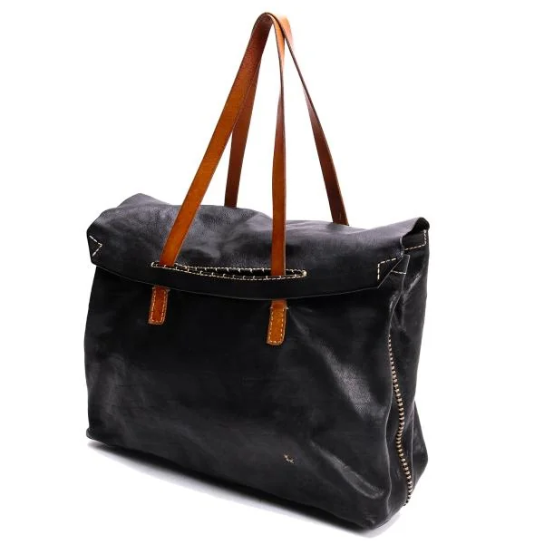 HENRY CUIR Stitch Design Flap Leather Hand Bag Black  K-145300_001