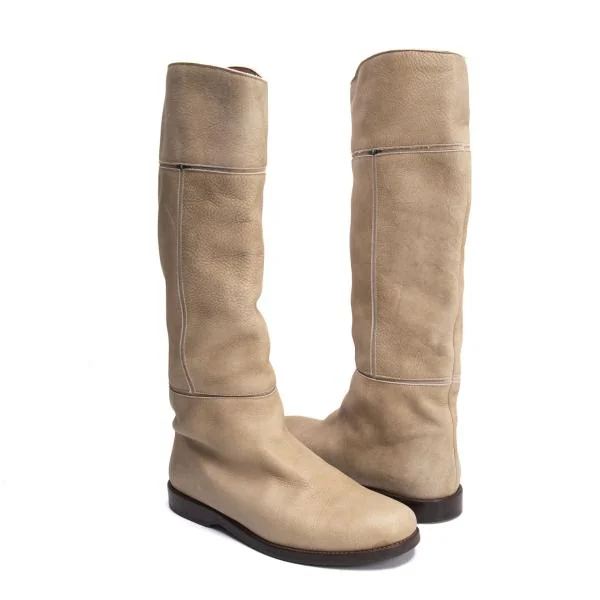 HENRY CUIR Patched Leather Long Boots Beige 37.5 K-145304_001