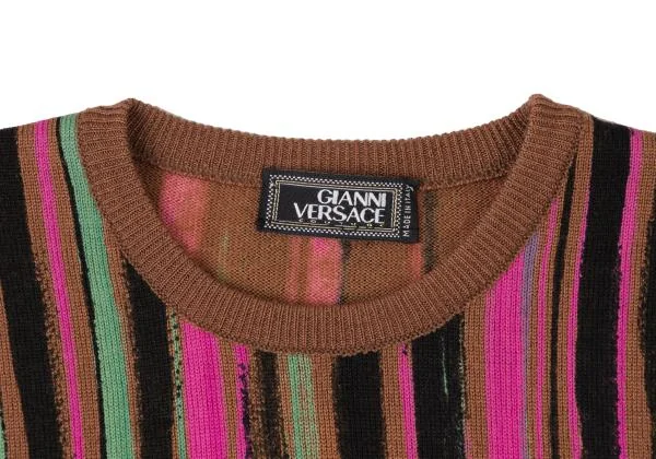 ジャンニヴェルサーチGIANNI VERSACE 滲みストライププリントニットセーター 茶ピンク緑40 K-145410_003