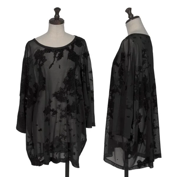 Y's Poly Flocked Print See-through T shirt Black 2 K-145814_001