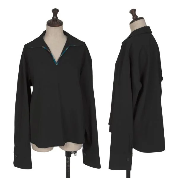 Y's Wool Gaba Check Piping Design Skipper Blouse Black 3 K-145817_001