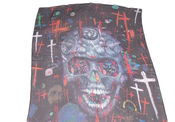 ヨウジヤマモトディスコードYohji yamamoto discord 笹田 靖人グラフィックプリントシルクストール 黒マルチ K-146045_002