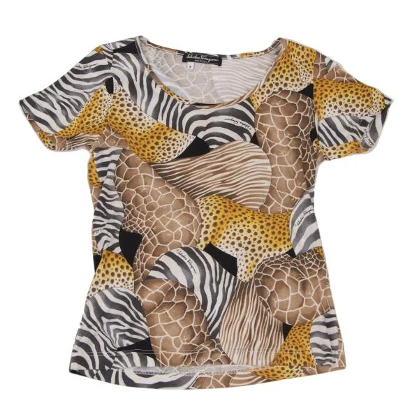 サルバトーレフェラガモSalvatore Ferragamo アニマルプリントTシャツ 黄茶S K-146154_002