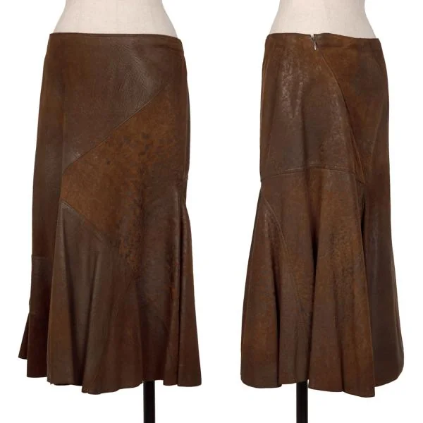 DONNA KARAN NEW YORK Switching Lamb Leather Flare Skirt Brown 4 K-146305_001
