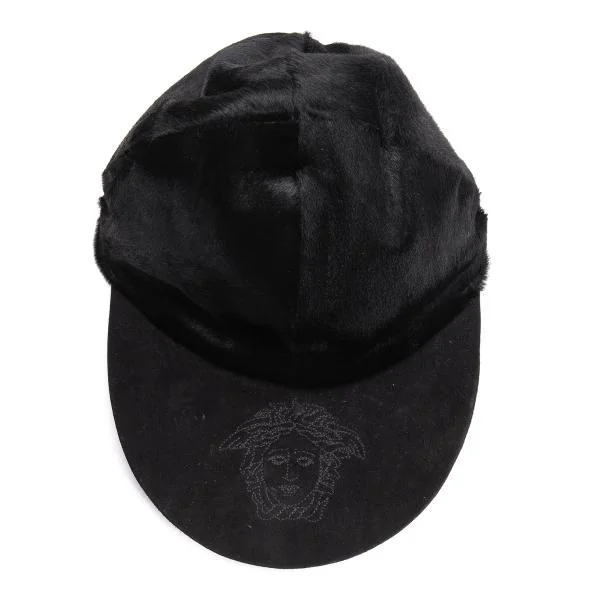 ジャンニヴェルサーチGIANNI VERSACE メデューサ刺繍ハラコキャップ 黒S K-146415_007