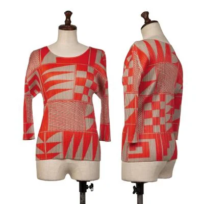 PLEATS PLEASE Geometric Printed 3/4 Sleeve Pleats T Shirt