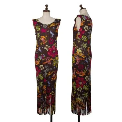 PLEATS PLEASE Pleated Floral Printed Fringe Dress