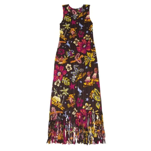 PLEATS PLEASE Pleated Floral Printed Fringe Dress K-146942_002