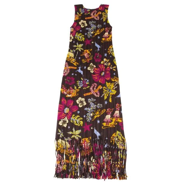 PLEATS PLEASE Pleated Floral Printed Fringe Dress K-146942_008