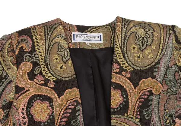 合馬 イヴサンローラン リネン100% 刺繍 ノーカラー ジャケット オレ イヴサンローランYves Saint Laurent レーヨン混紡デザイン織り