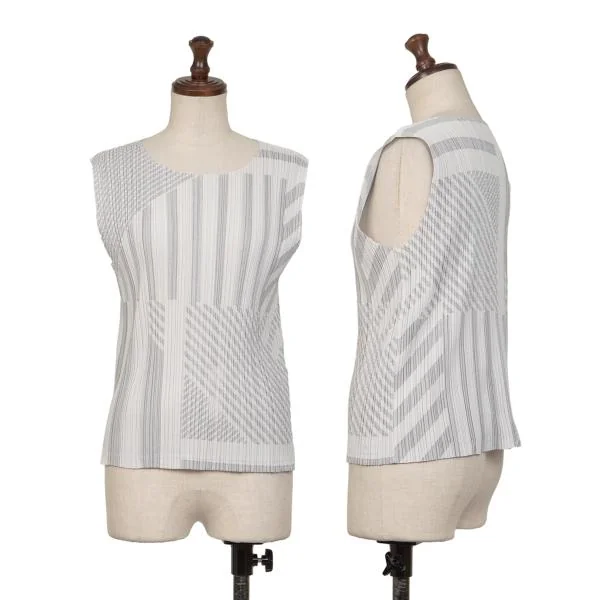 プリーツプリーズPLEATS PLEASE マルチストライプタンクトップ グレー3 K-147047_001