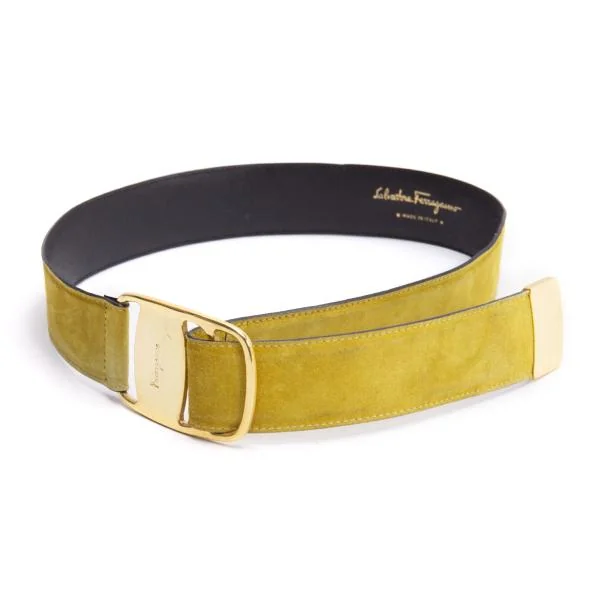 Salvatore Ferragamo Metal Buckle Suede Leather Belt Yellow  K-147685_001