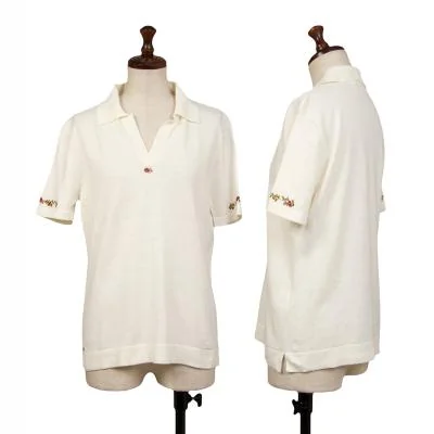 Mademoiselle NON NON Linen Cotton Floral Embroidery Knit Polo Shirt