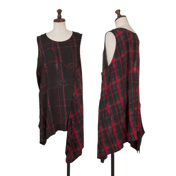 Y's Check Printed Side Button Drape Sleeveless Dress Black,Red 2 K-150131_001