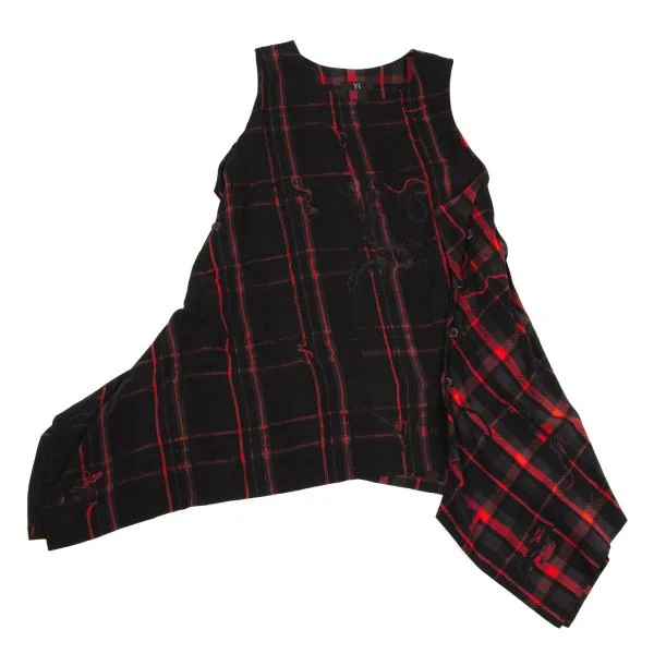 Y's Check Printed Side Button Drape Sleeveless Dress K-150131_002