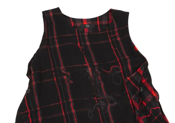Y's Check Printed Side Button Drape Sleeveless Dress K-150131_003