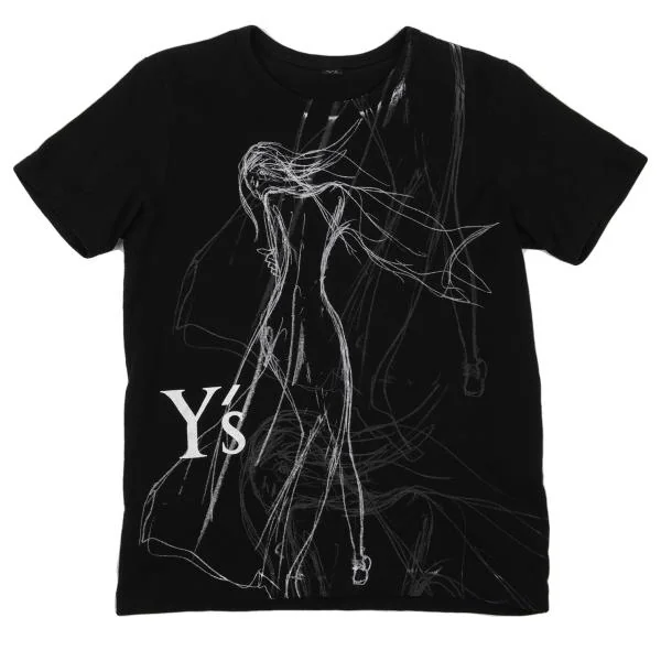ワイズY's ドローイングプリントTシャツ 黒2 K-150142_001