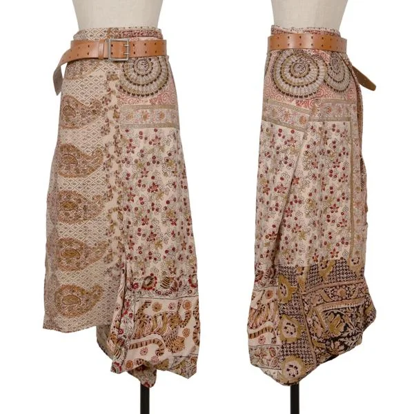 Yohji Yamamoto FEMME Native Pattern Printed Waist Tie Skirt Pink,Beige S K-150336_001