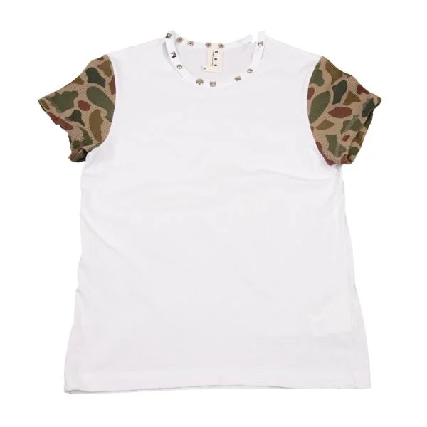 tao COMME des GARCONS Studded Neck Camo Switching Sleeve T-shirt White,Beige S K-150476_001