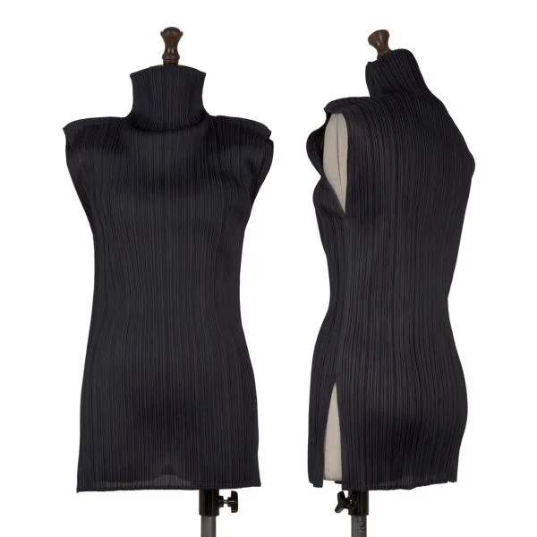 PLEATS PLEASE Pleated Turtleneck Sleeveless Top Navy 3 K-150525_001