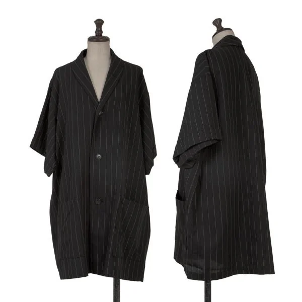Y's Wool Striped Shawl Collar Short Sleeve Shirt Jacket Black,White S-M K-150701_001