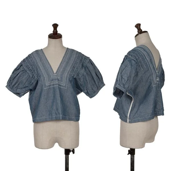 tricot COMME des GARCONS Cotton Linen Stitch Gather Blouse Blue M K-150800_001