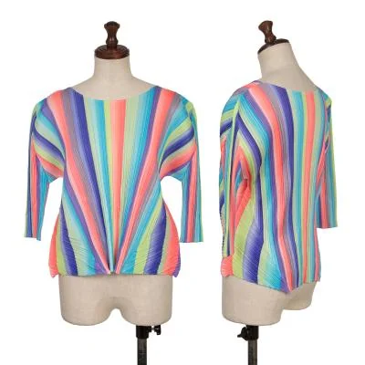 PLEATS PLEASE Pleated Colorful Striped T-shirt