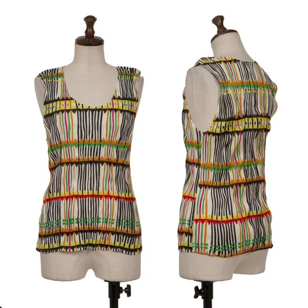 PLEATS PLEASE Multi Stripe Print Twisted Pleats Tank Top White,Multi-Color 3 K-151914_001