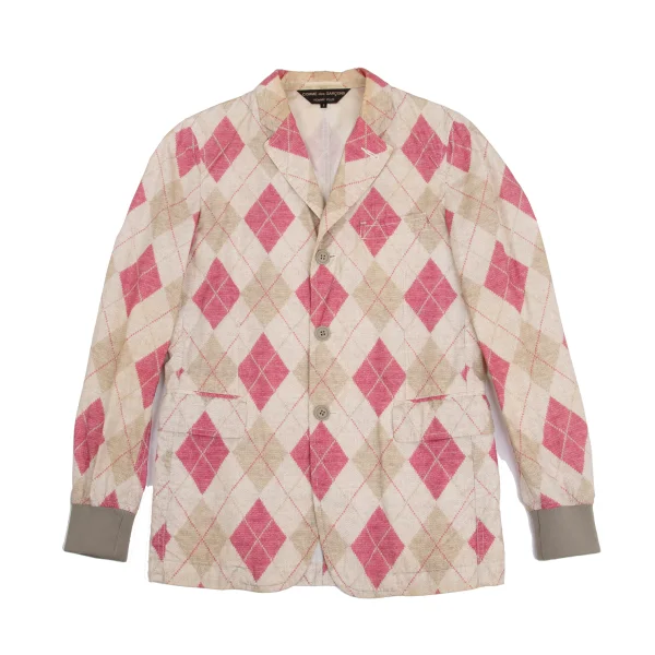 COMME des GARCONS HOMME PLUS Cotton Argyle Knit Transfer Printed Jacket Beige,Pink S K-152162_001