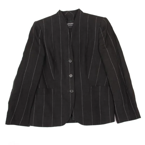 ジョルジオ アルマーニGIORGIO ARMANI リネンストライプノーカラージャケット チャコール44 K-153380_002