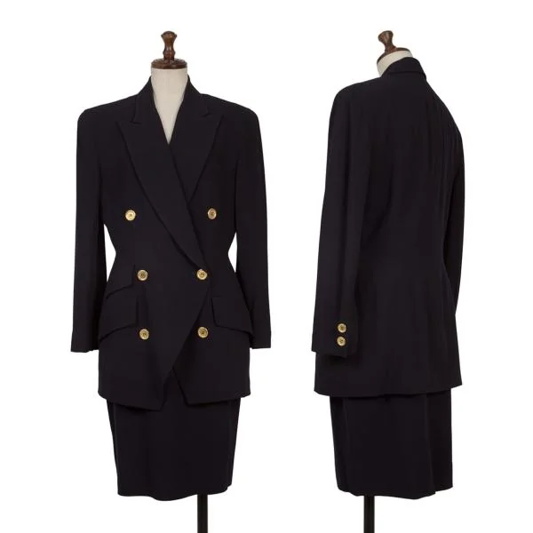 DONNA KARAN NEW YORK Gold Button Double Tailored Jacket & Skirt Navy 6 8 K-154012_001
