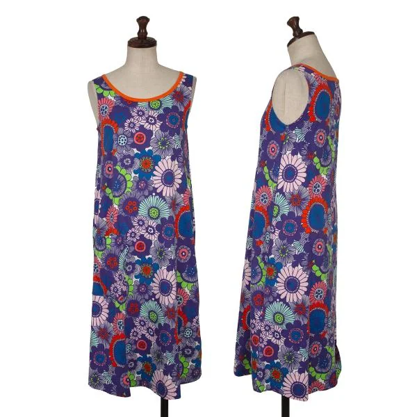 マリメッコmarimekko コットンフローラル総柄ノースリーブワンピース 青マルチXS K-154101_001