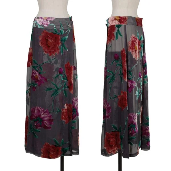 ヨウジヤマモト ファムYohji Yamamoto FEMME ベロアフローラルプリントシルクシースルースカート グレー赤S K-154361_001