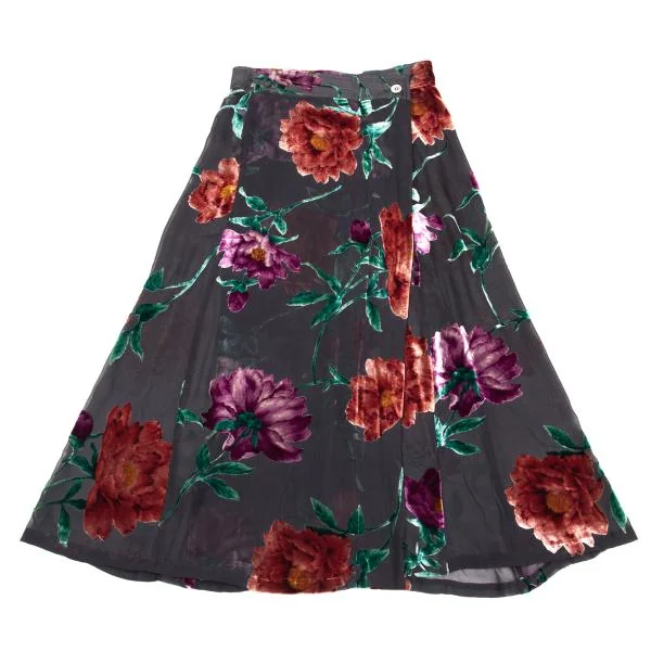 ヨウジヤマモト ファムYohji Yamamoto FEMME ベロアフローラルプリントシルクシースルースカート グレー赤S K-154361_002