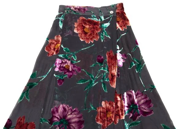 ヨウジヤマモト ファムYohji Yamamoto FEMME ベロアフローラルプリントシルクシースルースカート グレー赤S K-154361_003