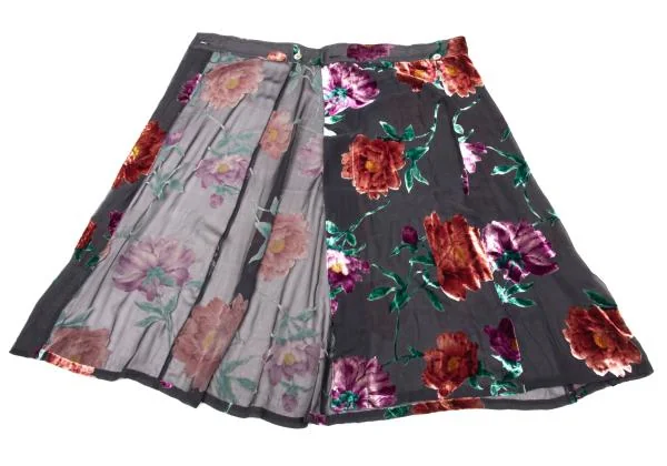 ヨウジヤマモト ファムYohji Yamamoto FEMME ベロアフローラルプリントシルクシースルースカート グレー赤S K-154361_008