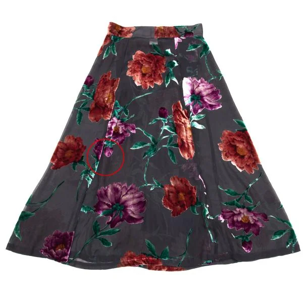 ヨウジヤマモト ファムYohji Yamamoto FEMME ベロアフローラルプリントシルクシースルースカート グレー赤S K-154361_011