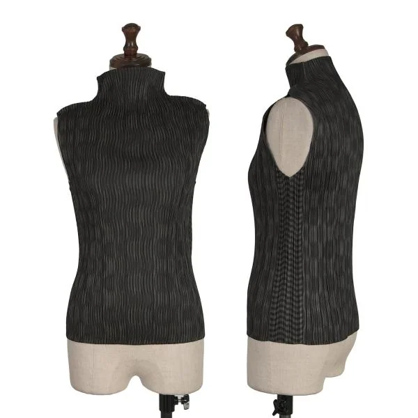 プリーツプリーズPLEATS PLEASE ウェーブストライププリントハイネックノースリーブトップス チャコール3 K-154410_001