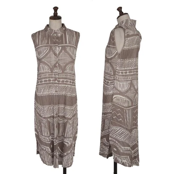 PLEATS PLEASE Graphic Printed Pleats Sleeveless Shirt Dress Beige 3 K-154426_001