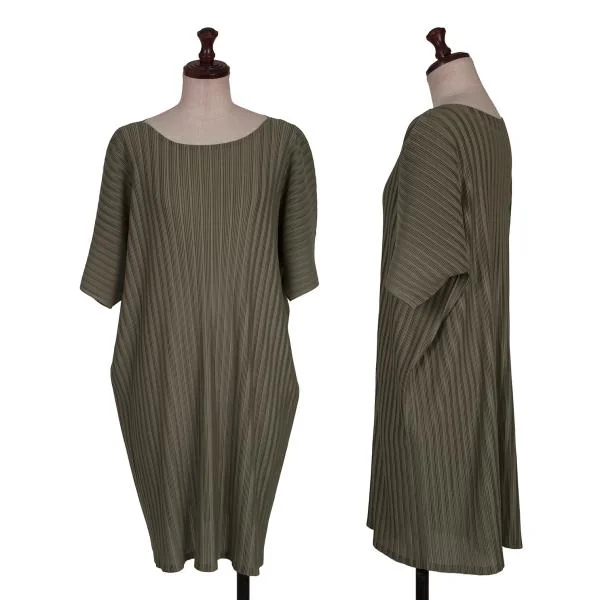PLEATS PLEASE Pleated Dolman Sleeve Dress Khaki 3 K-154429_001