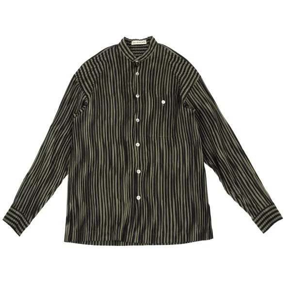 ISSEY MIYAKE MEN Pleated Stripe Band Collar Shirt Black,Khaki M K-154483_001