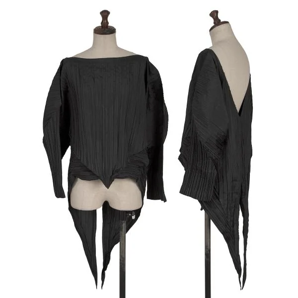 ISSEY MIYAKE Poly Silk Pleated V Back Top  Black M K-154511_001