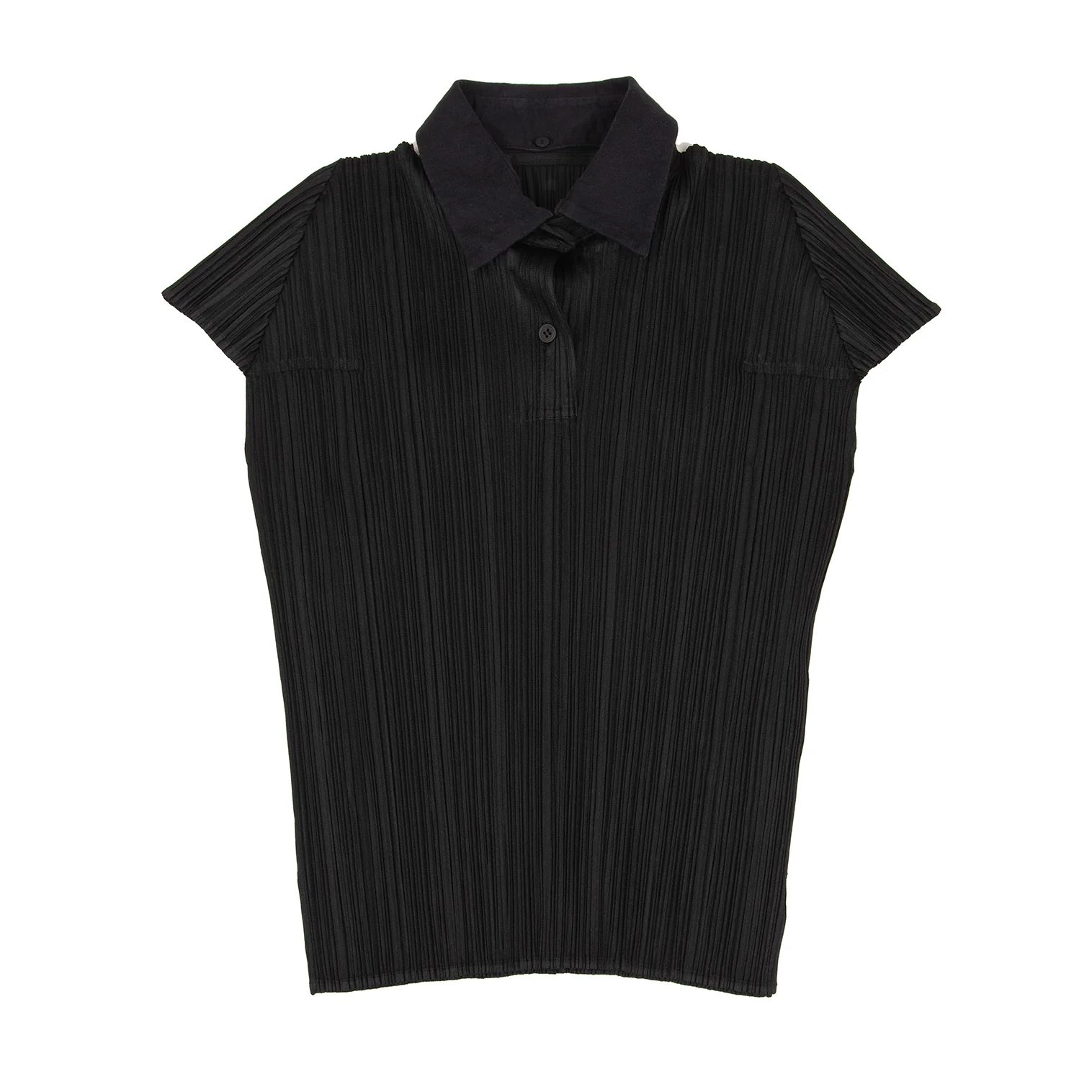 PLEATS PLEASE プリーツ　半袖　ワンボタン プリーツプリーズPLEATS PLEASE プリーツ襟着脱半袖ポロシャツ