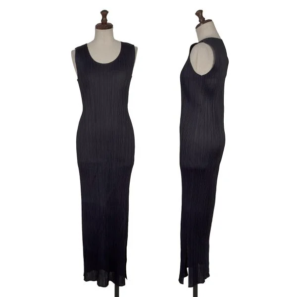 PLEATS PLEASE Pleated Side Slit Long Dress Navy 3 K-155522_001