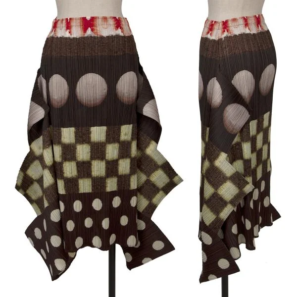 プリーツプリーズPLEATS PLEASE サイド段デザイングラフィックプリントスカート 茶マルチ3 K-156148_001