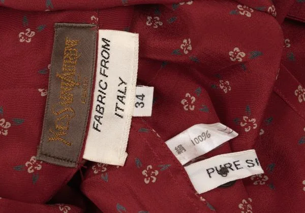 イヴサンローランYves Saint Laurent シルクフラワープリントリボンネックブラウス 赤34 K-156185_017